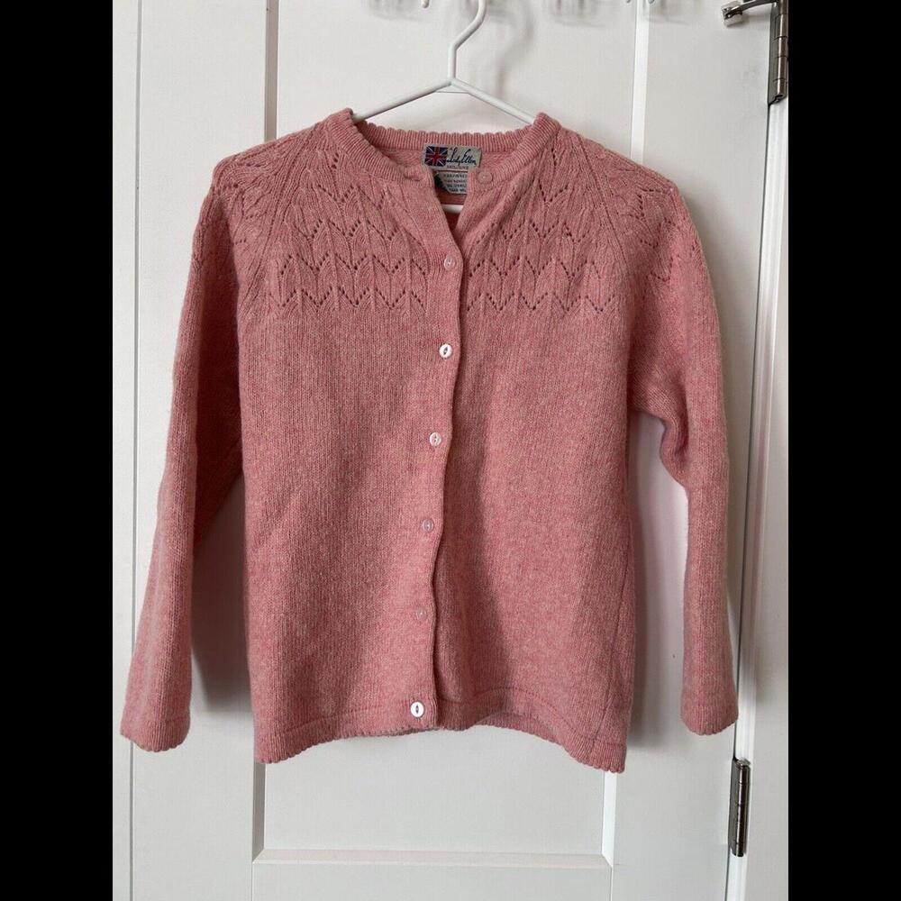 Vintage Lady Ellen British Hong Kong PINK Button Knit Cardigan Angora Lambs Wool